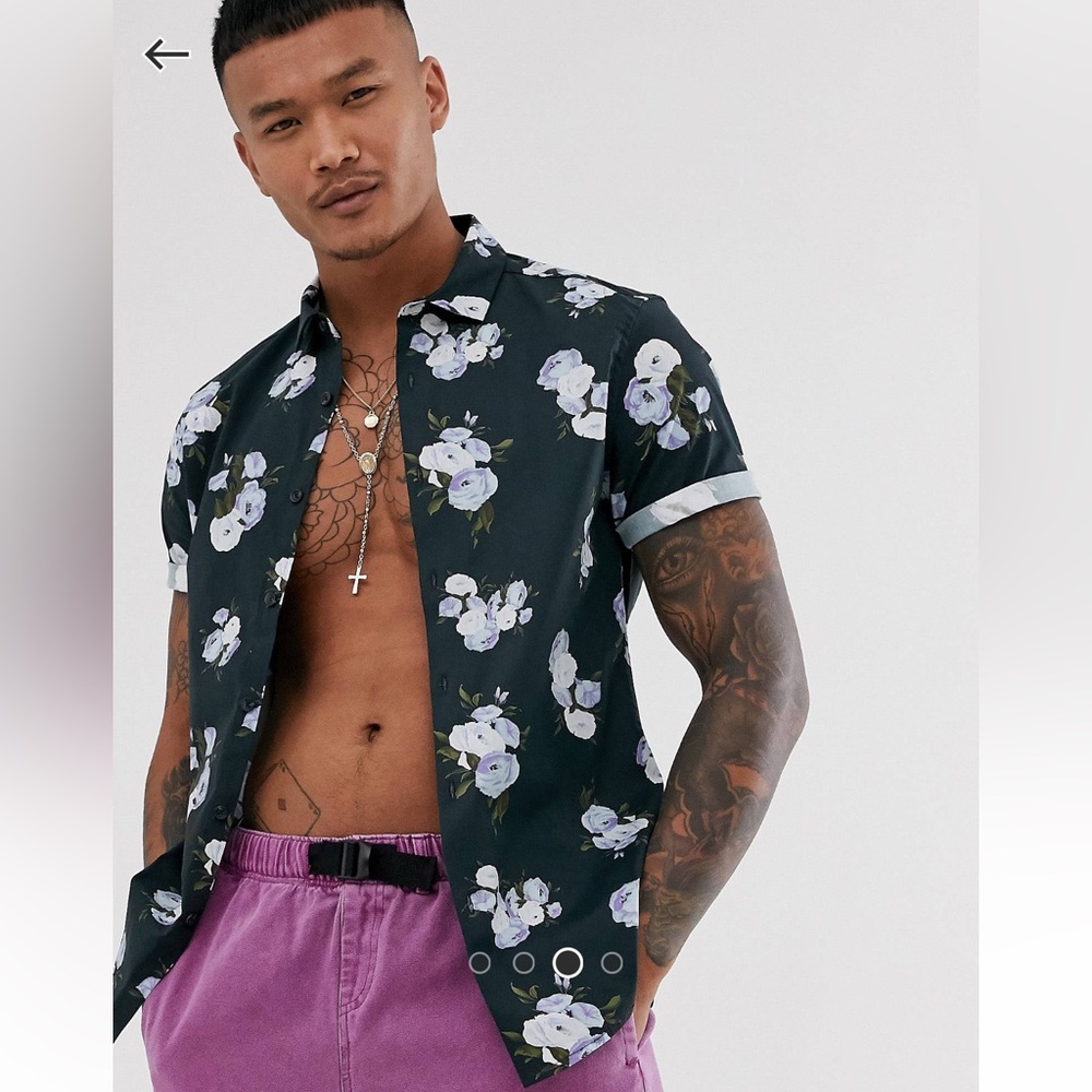 ASOS Design skinny floral print shirt in navy. Size L